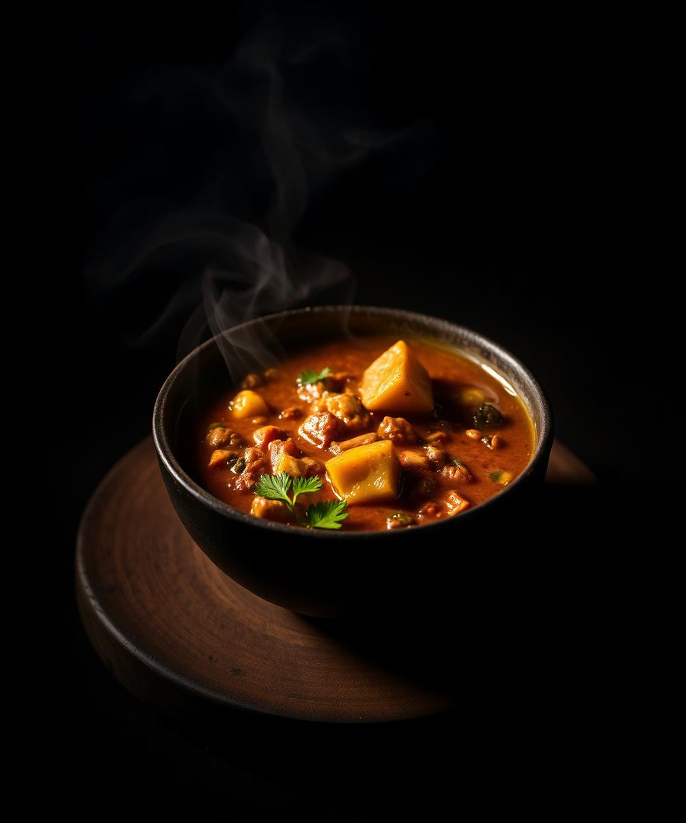 Steaming bowl of South Indian curry on a dark background