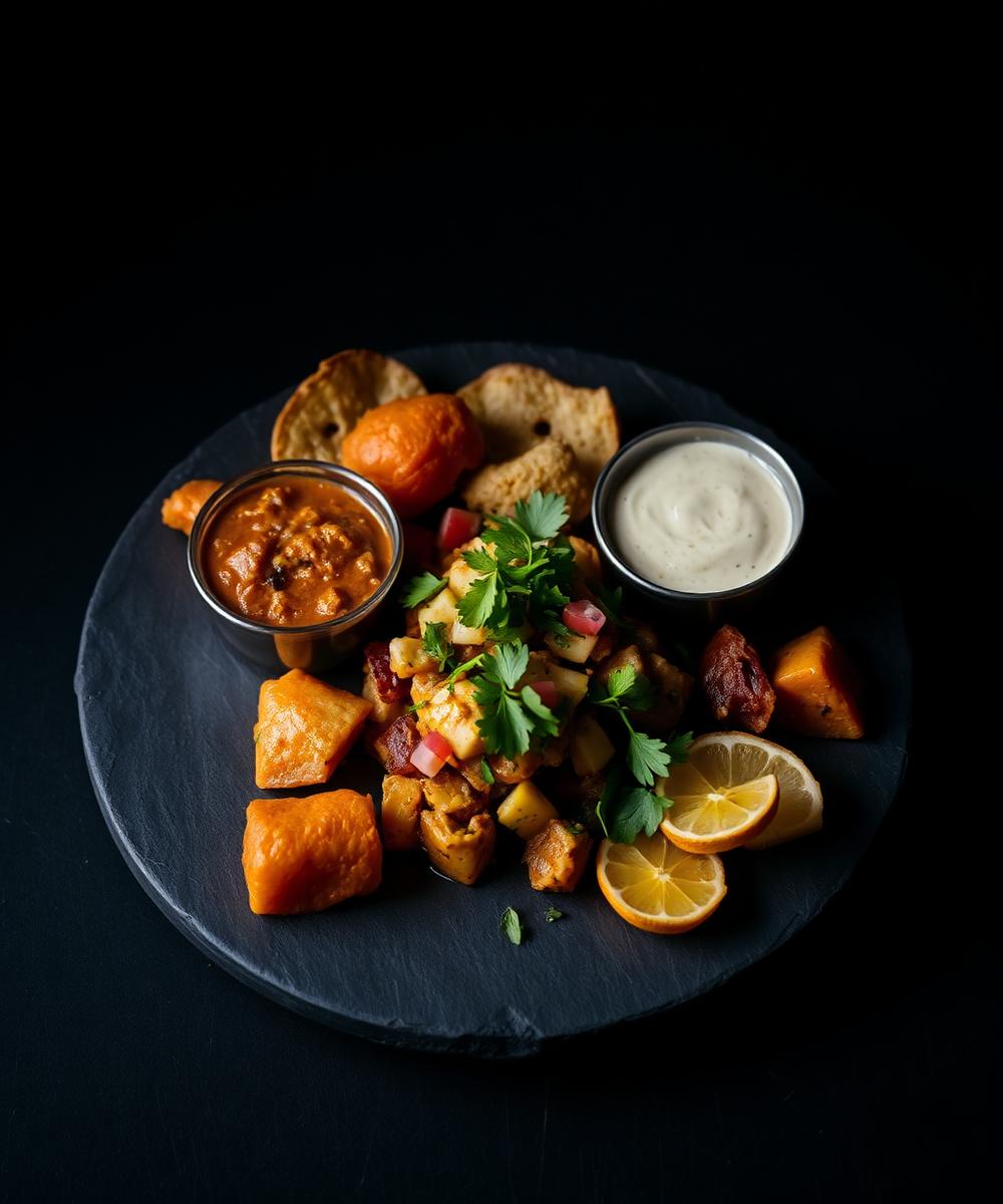 Indian street chaat plate on dark slate