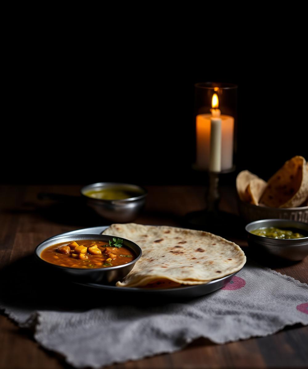 Home cooked dal and roti on a wooden table by candlelight
