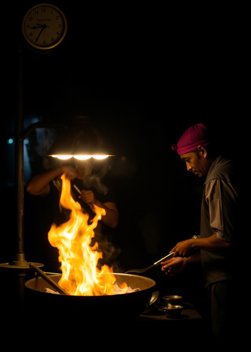 Street food vendor cooking over open flame at night