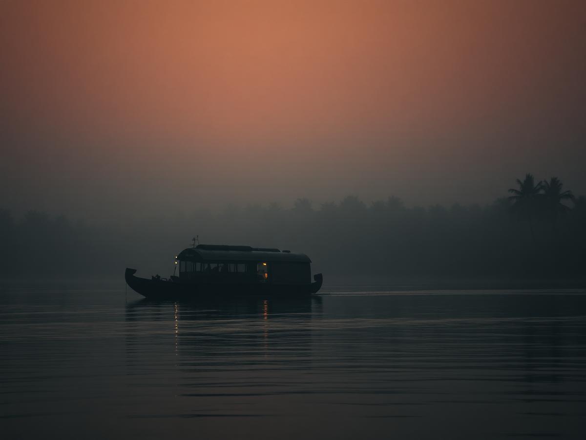 Kerala backwaters at dawn with a houseboat in mist